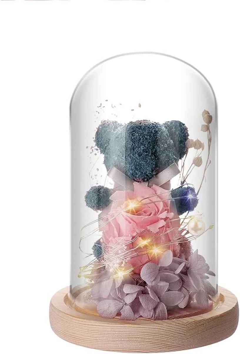 Eternal rose bear in glas met LED-verlichting en houten basis, perfect cadeau voor vrouwen, moeders, verjaardagen en speciale gelegenheden
