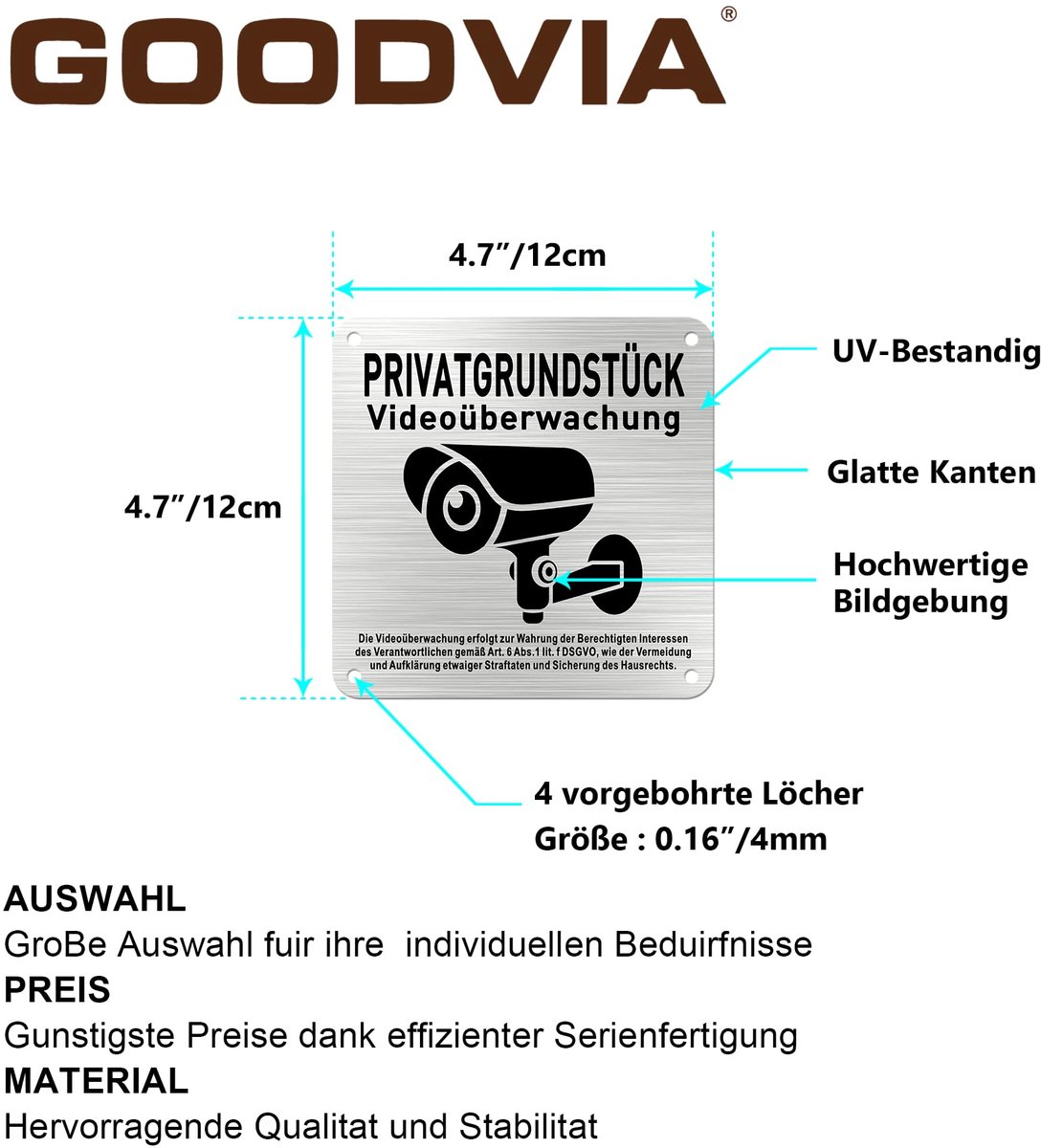 Schild videobewaking 12x12cm - zelfklevend aluminium - DSVGO veiligheidsgebied - bescherming privégrondstuk - ShopVlot