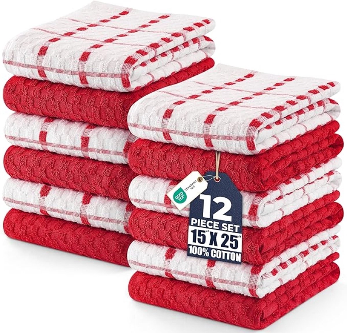 12 Keuken Handdoeken Set - 38 x 64 cm - 100% Ring Gesponnen Katoen - Superzacht en Absorberend - Vaatdoeken, Theedoeken en Bar Handdoeken (Rood en Wit)