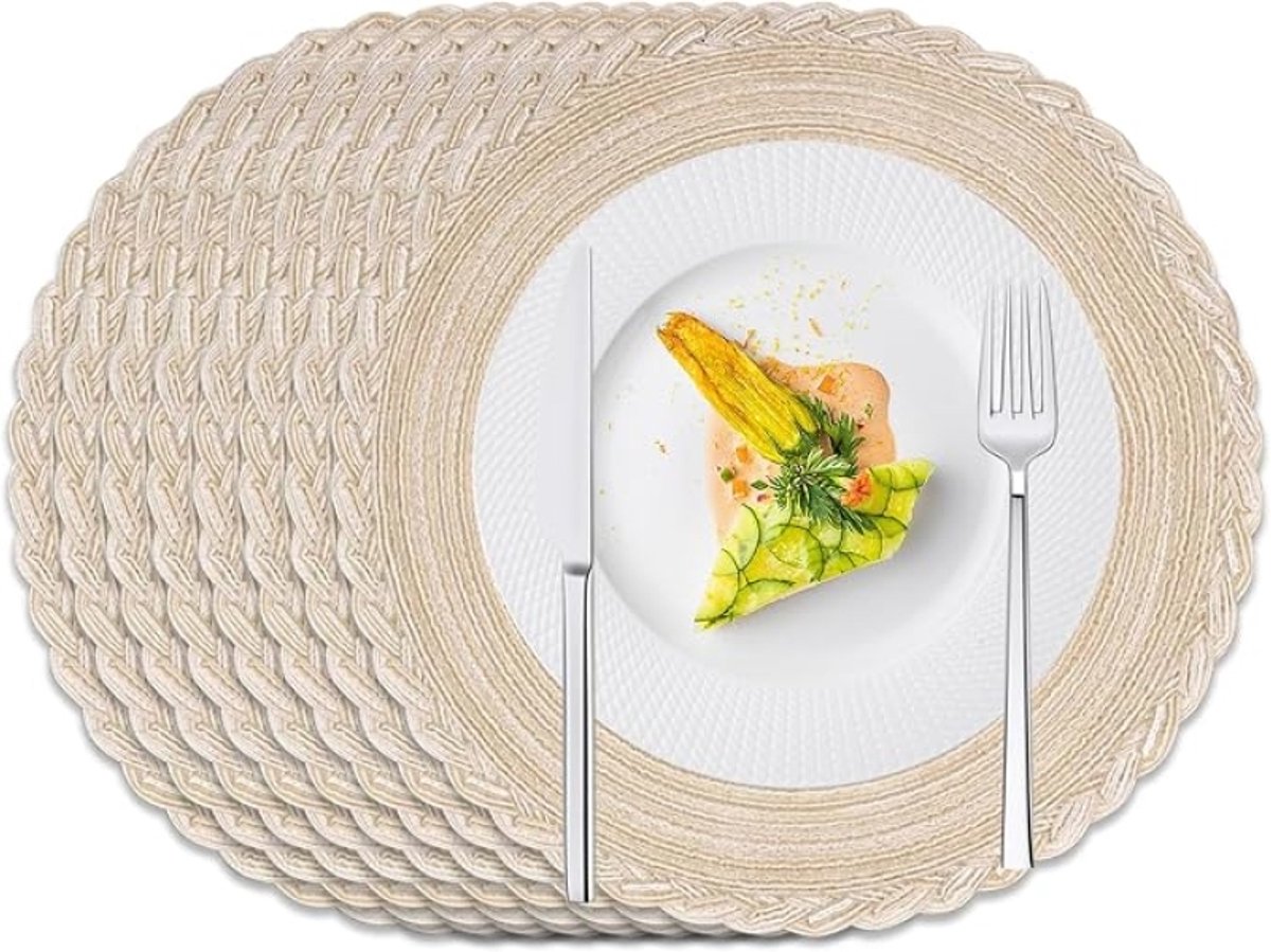 Set van 8 ronde placemats, 38 cm, gevlochten hittebestendige placemats in boho-stijl met bloemenrand en beige kleur