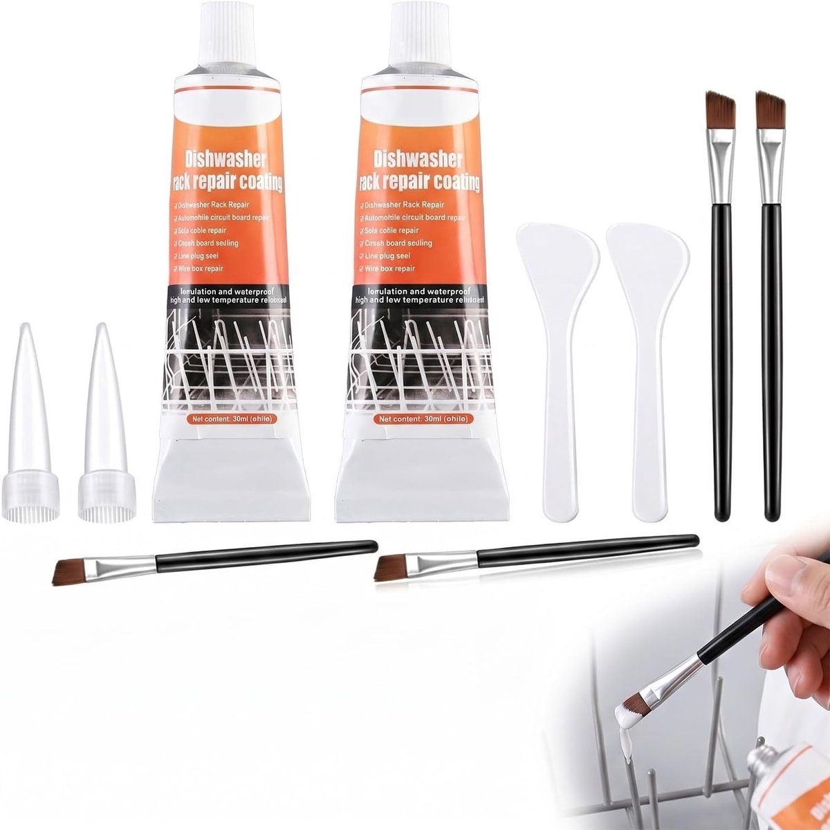 Reparatieset voor vaatwassermand met roestwerende coating, waterdicht en inclusief schraper en borstel (2 x 30 ml)