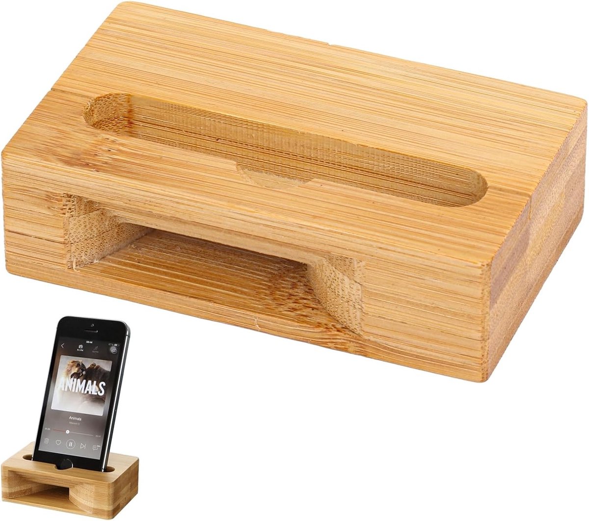 Elegante Houten Telefoonhouder met Ingebouwde Speaker voor Thuis, Kantoor en Reizen - Praktische en Multifunctionele Smartphonehouder met Geluidsfunctie