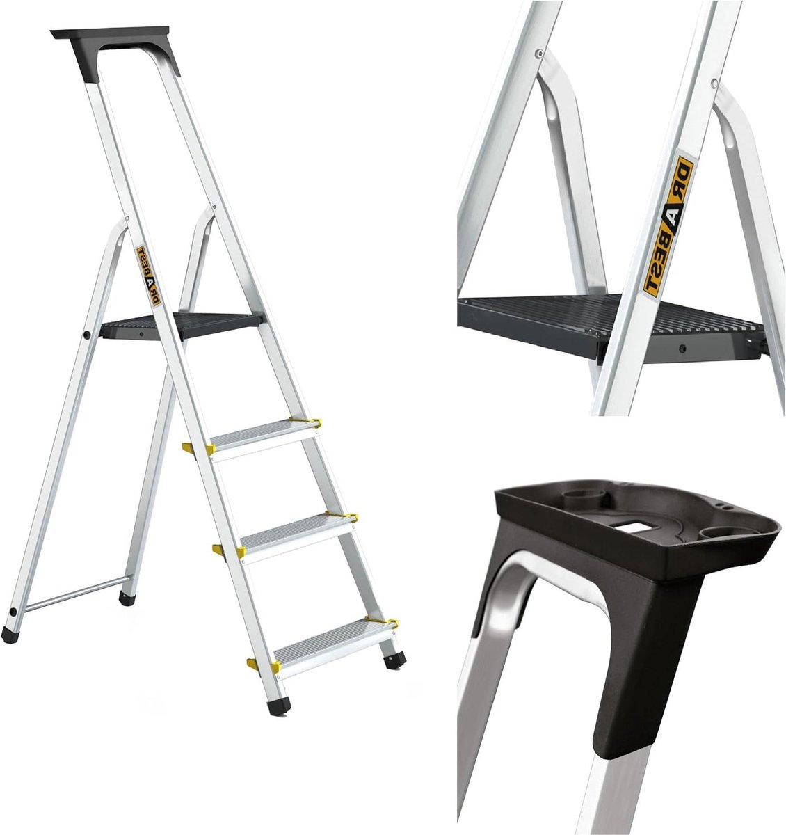 Aluminium Trapladder - Huishoudladder Werkladder - Veilig Klussen - Antislipvoeten Stevig Platform - 150kg 1.45m - Zilver