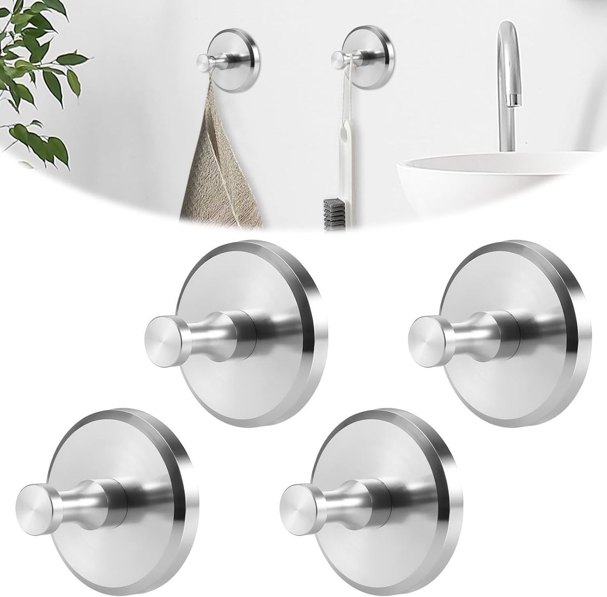 Set van 4 Zuignap Haken van Roestvrij Staal voor Badkamer, Towel Haken zonder Boren, Herbruikbare Accessoires voor Douche en Keuken