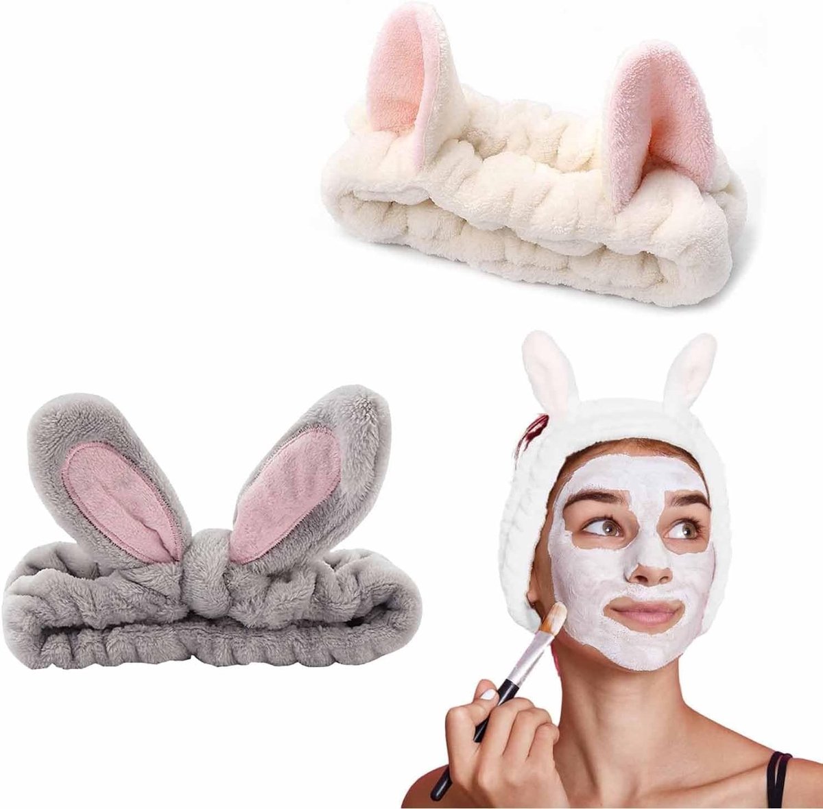 Elastische Haarbanden voor Make-up en Sport, Zacht Koraalfleece, Ideaal voor Douche, Yoga en Schoonheidsbehandelingen, Set van 2 in Wit en Grijs