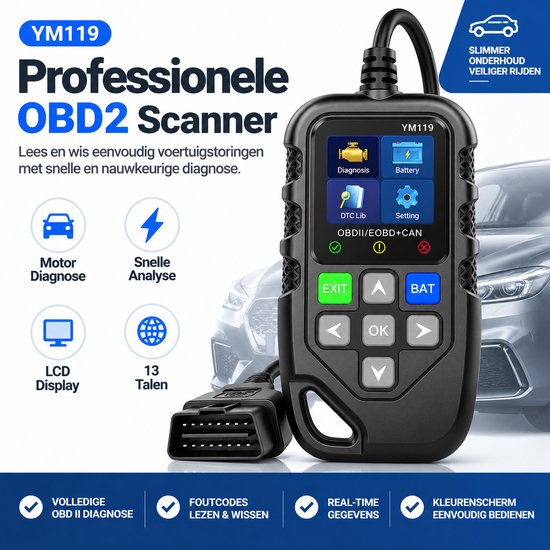 YM119 OBD2 scanner met kleurenscherm en functies zoals Motor Diagnose, LCD Display en 13 Talen.
