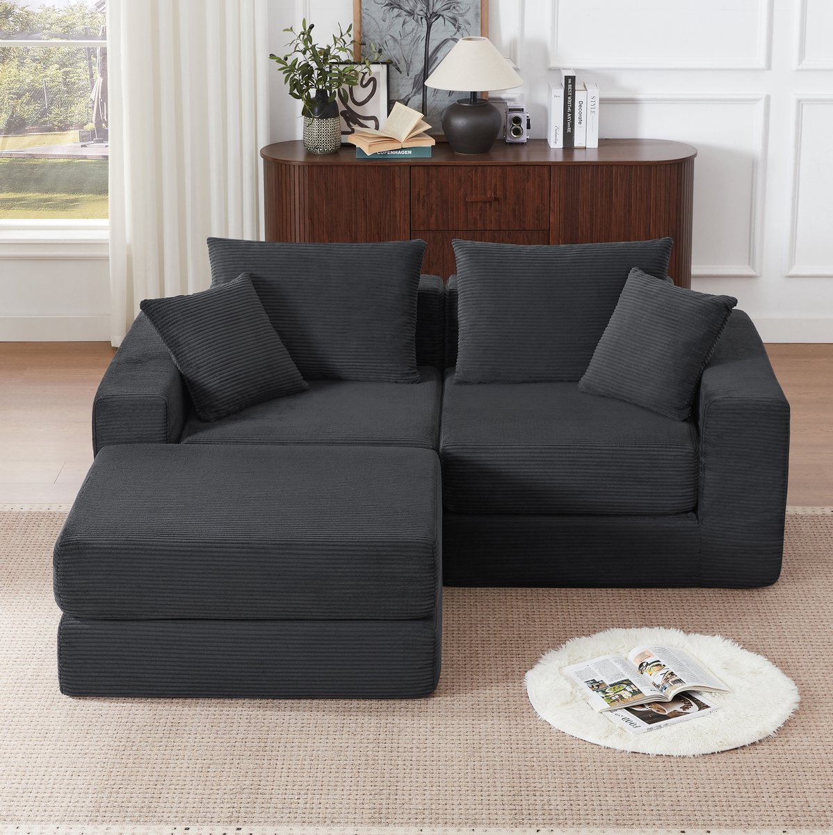 MODENUIT Hoekbank 259,5 cm - Modulair L-vormig - 3-Zits Voor Woonkamer En Kleine Ruimtes - Cord - Donkergrijs