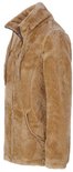 Camelkleurig fleece vest met rits en opstaande kraag, van de zijkant.