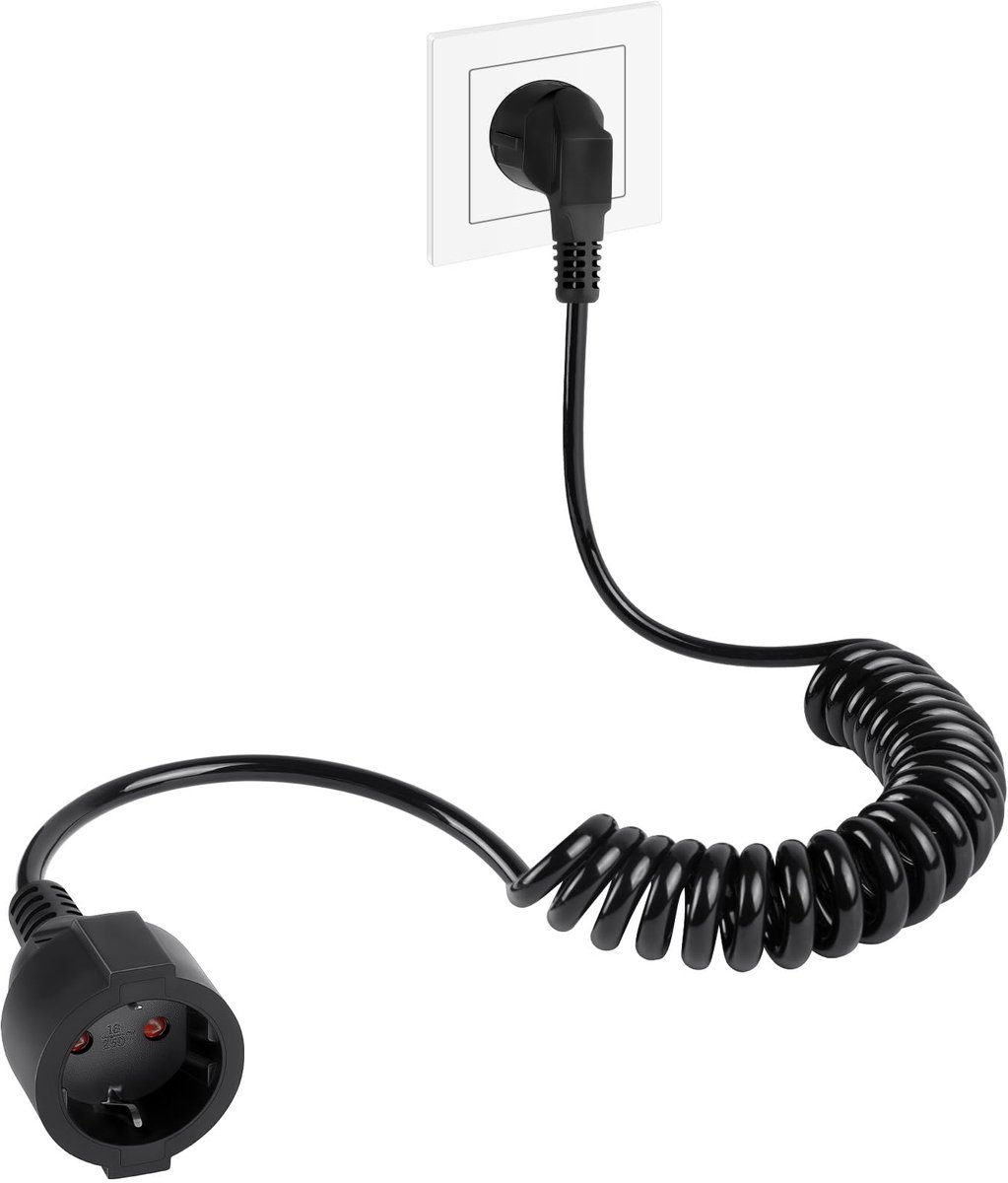Verlengkabel spiraalkabel 0,6 m tot 2 m - geaard contact - met stopcontacten - ideaal voor tv en pc - ShopVlot