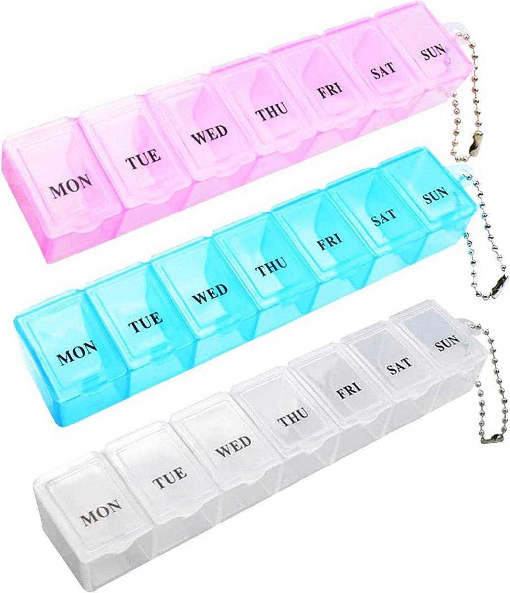 Drie Delige Pillendoos - Draagbare Reis Pillendoos voor Medicijnen, Supplementen en Vitaminen met 7 Dagen Compartimenten (Roze, Wit, Blauw)
