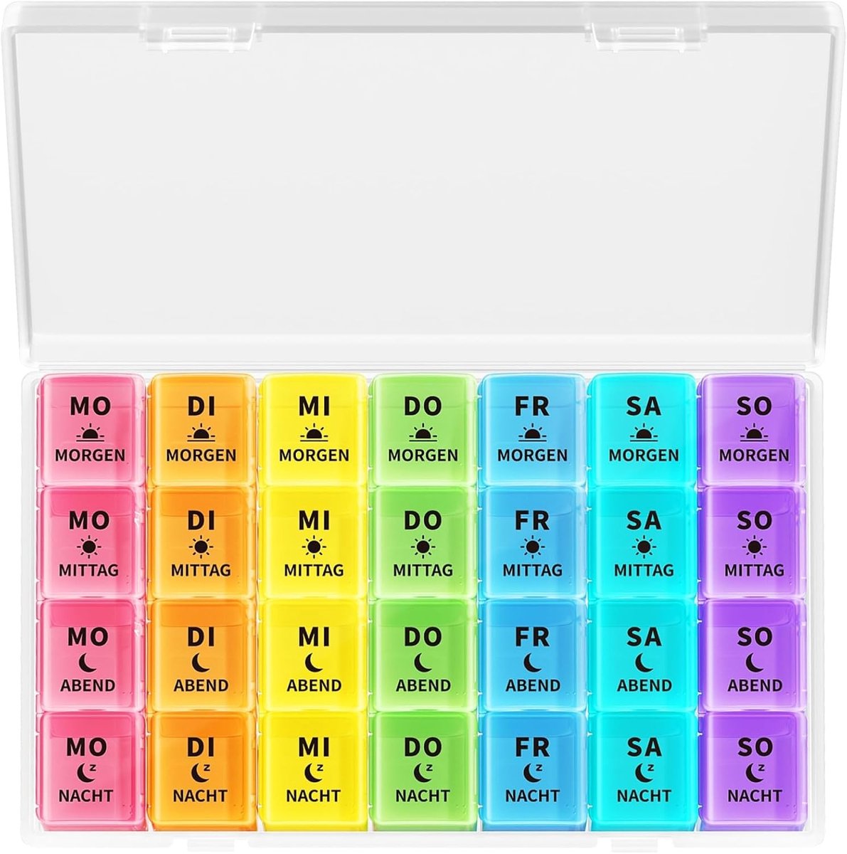 Tabletten organizer voor een week met 4 grote vakken, pillendoos voor ochtend, middag en avond, medicijnbox voor dagelijks gebruik met witte deksel