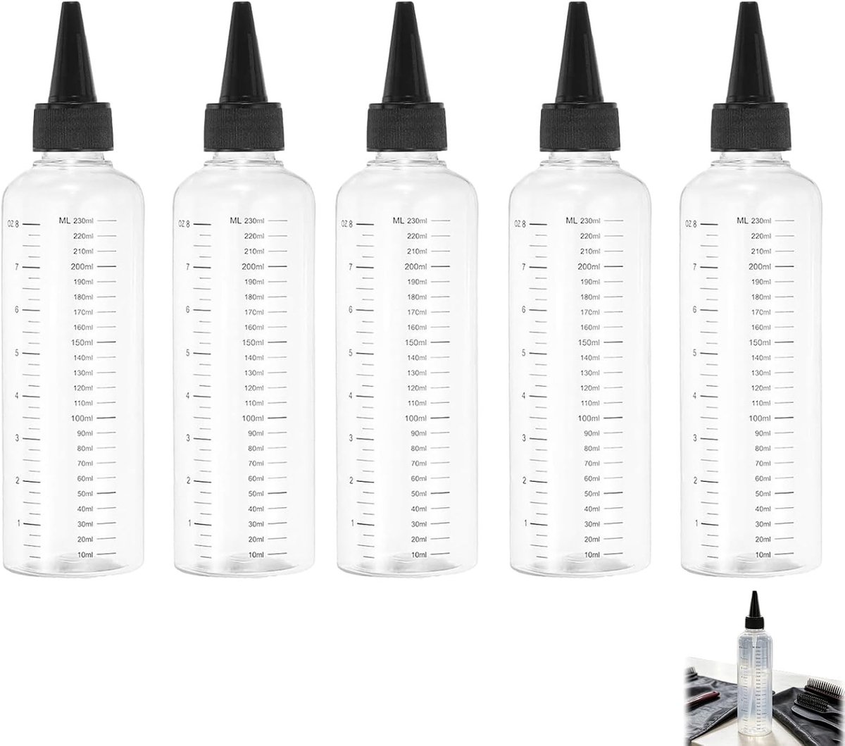 Set van 5 Zwarte Doseerflessen 250 ml - Knijpflessen met Levenslange Doppen voor Haarverf, Haarolie en Liquid Soap voor Thuisgebruik en Salons