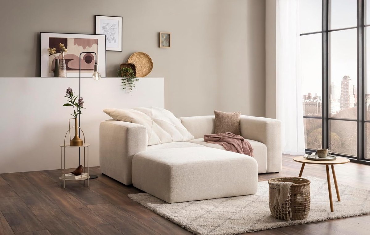 Hoekbank Adrian L-vorm 216 x 193 cm - Crème gestoffeerd - Modulebank met 2 hoekstoelen en kruk - ShopVlot