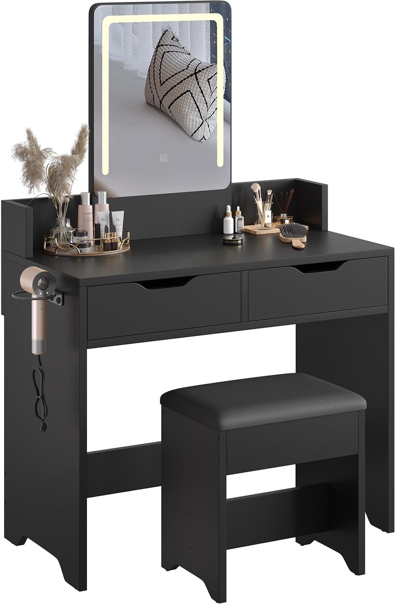 Kaptafel met ledverlichting - zwart - 2 laden, 6 open planken - modern make-up meubel voor de slaapkamer - ShopVlot