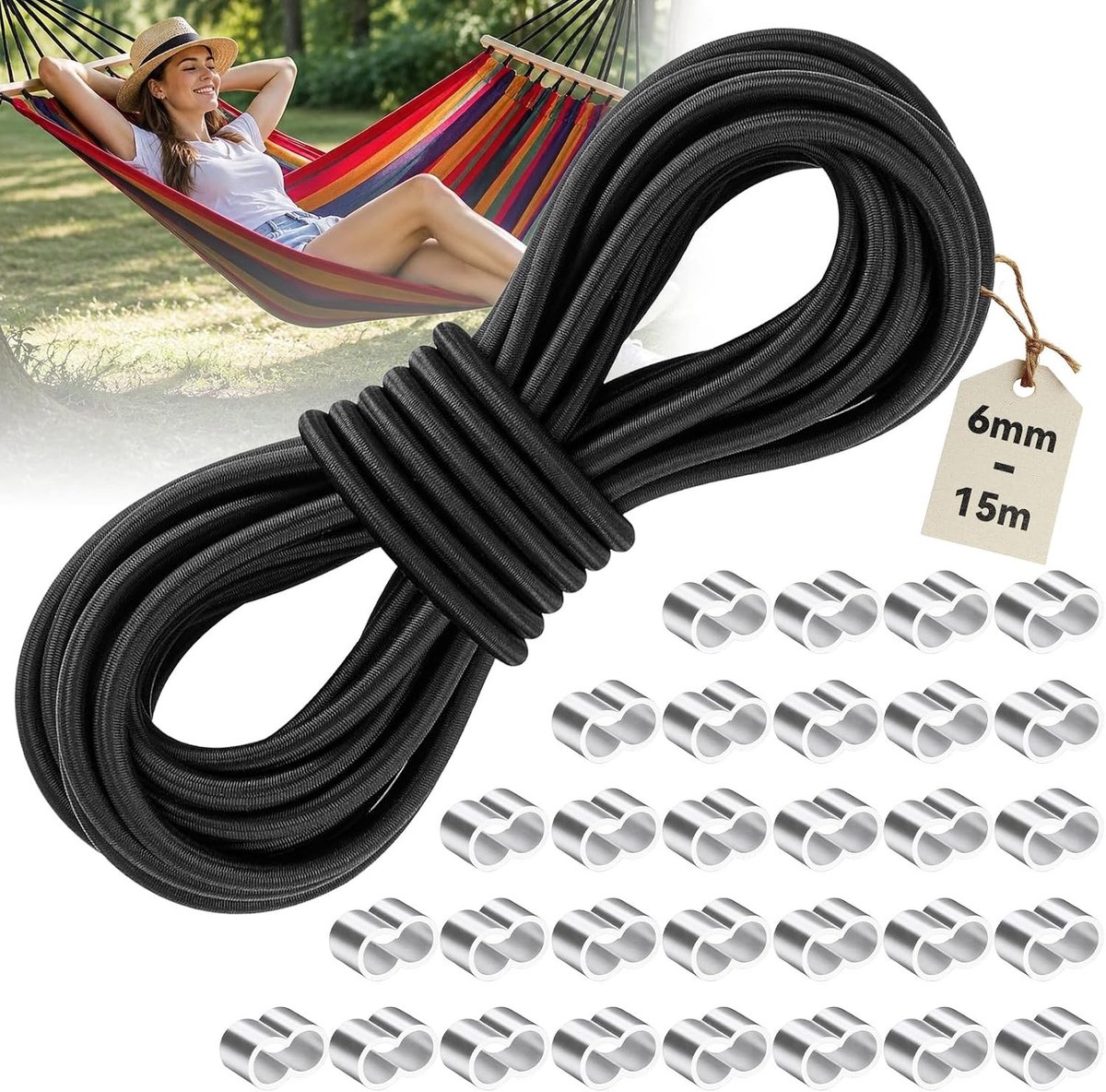 Elastisch expandertouw van 15 m met 30 wurgklemmen, ideaal voor camping, tuin en outdoor gebruik, 6 mm dik rubberen koord