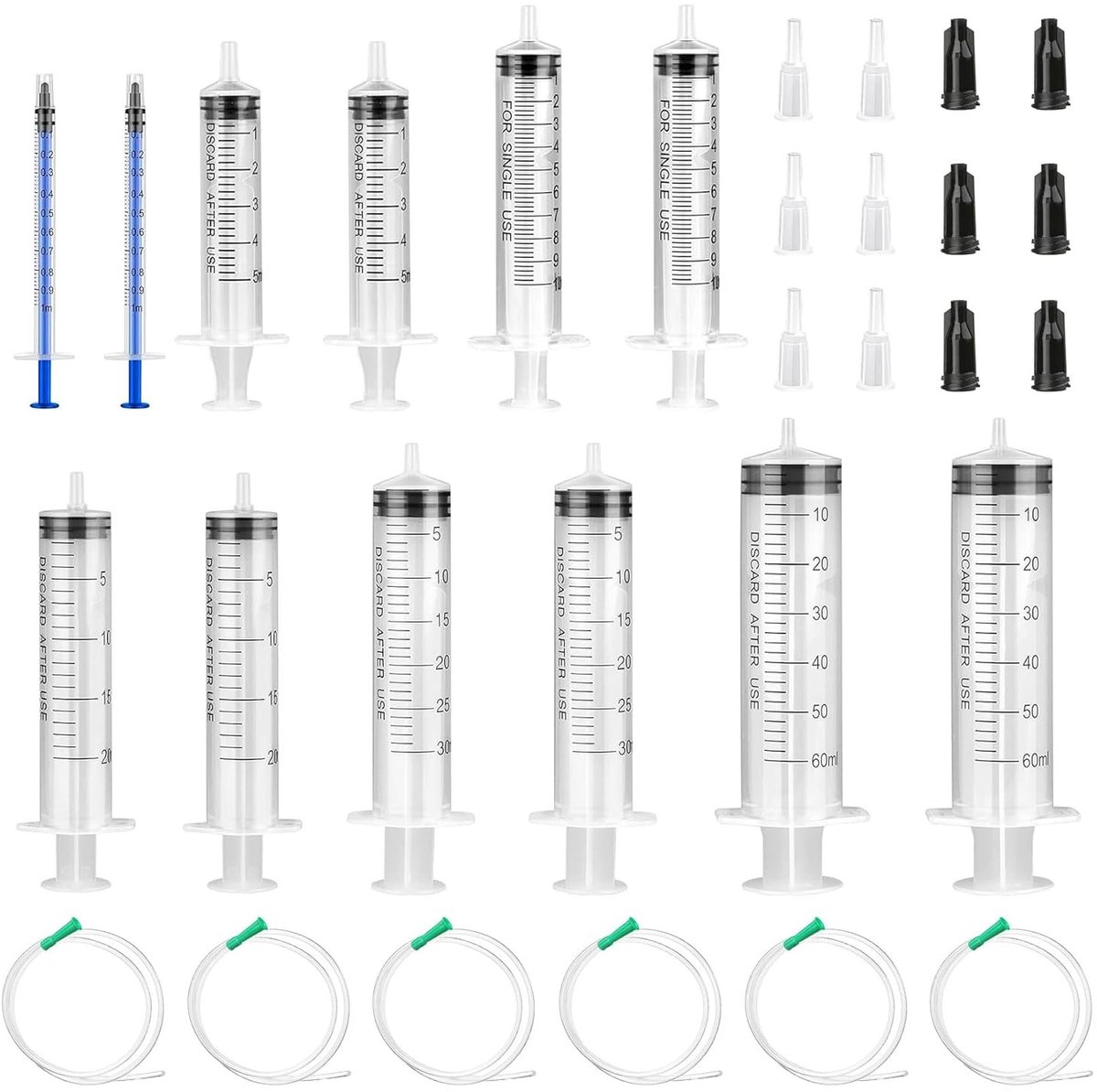 30 Stuks Spuit zonder Naald, 1 ml tot 60 ml, Herbruikbare Plastic Spuitset voor Laboratoria, Dierlijke Voeding en Plantenirrigatie