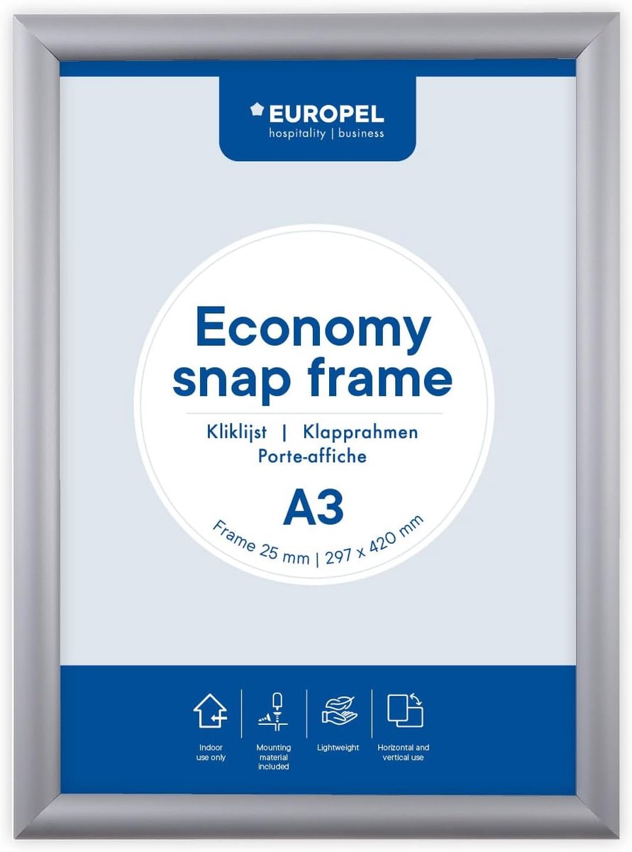 SnelShoppen - A3 Snap Frame - Aluminium Kleur Zilver - 25 x 11 mm - Anti-Reflectief - Perfect voor Posters, Menu's, Hotel, Kantoor, Restaurant