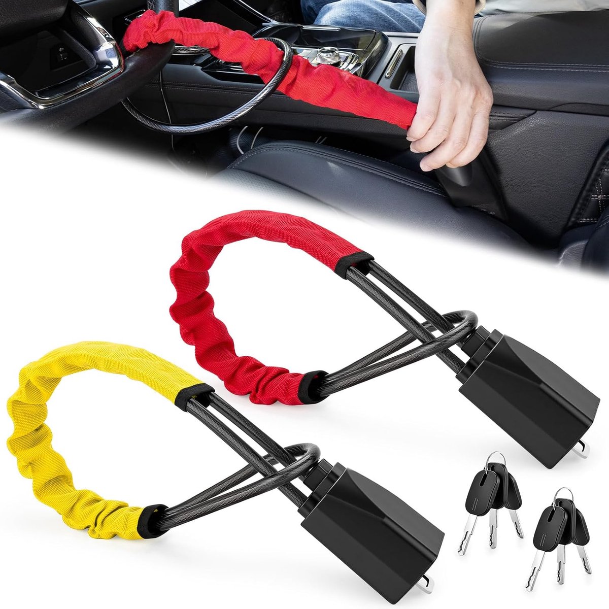 Stuurslot 2 Stuks, Stuur- en Gordelslot, Verstelbaar Antidiefstalslot, Geschikt voor de Meeste Auto's, SUV's, Vrachtwagens en Bestelwagens, 17 Inch, Lichtgewicht en Compact