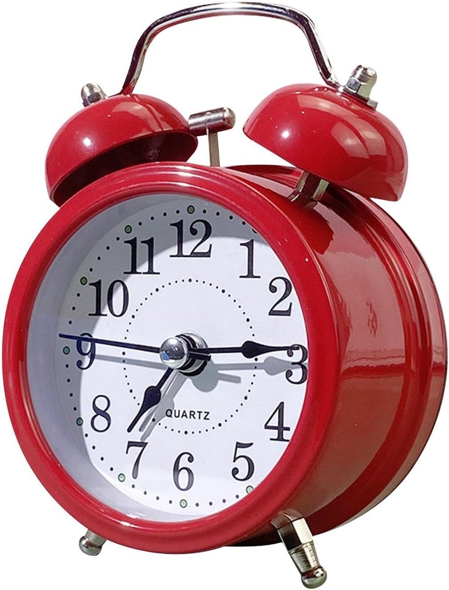 Stille analoge retroklok met alarm, ingebouwd nachtlampje, wekker voor naast het bed, kleine wekker, werkt op batterijen, metalen wekker voor slaapkamer, woonkamer, keuken, rood
