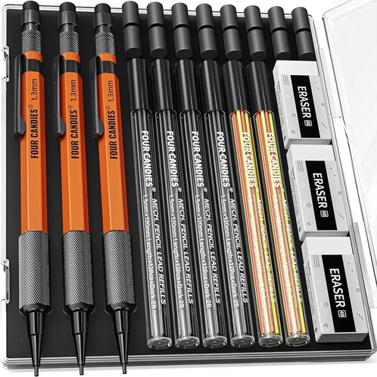 Set van 3 vulpotloden 1,3 mm - Timmermanspotloden van metaal met etui - 72 vullingen (rood, zwart, geel) - 16 gummen - Slijtvast en duurzaam