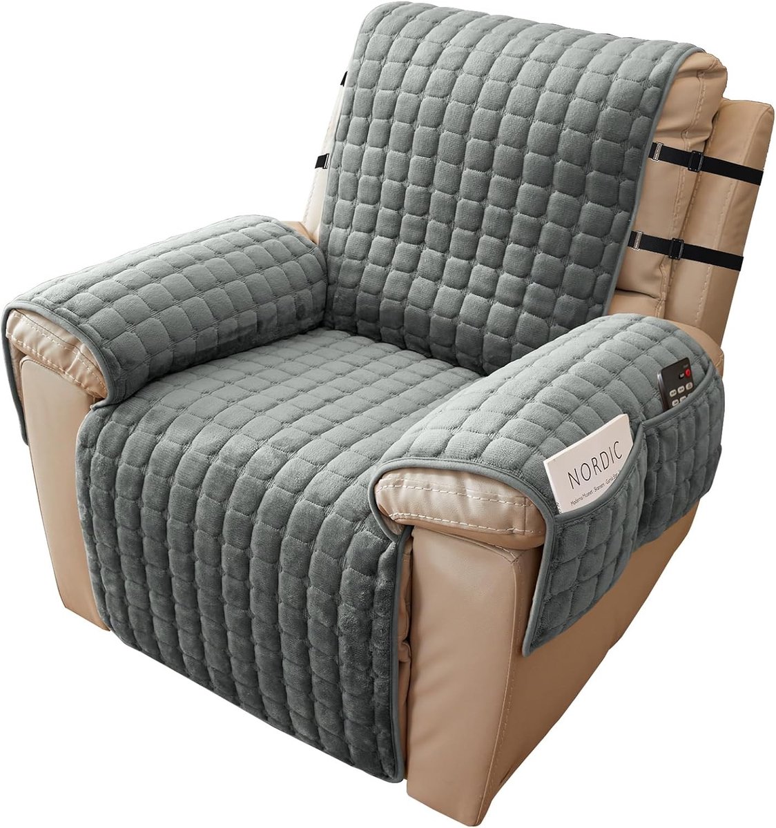 Relaxfauteuil Hoes voor 1-Zits Stoel, Antislip en Krabbestendig met 4 Opbergvakken en 2 Verstelbare Bandjes - Grijs
