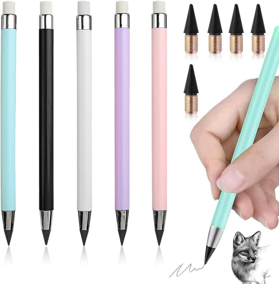 Inktloze Potloodset met 5 Reservepunten, Draagbaar en Duurzaam Potlood voor Kinderen en Volwassenen, Perfect voor Thuis en Op Kantoor