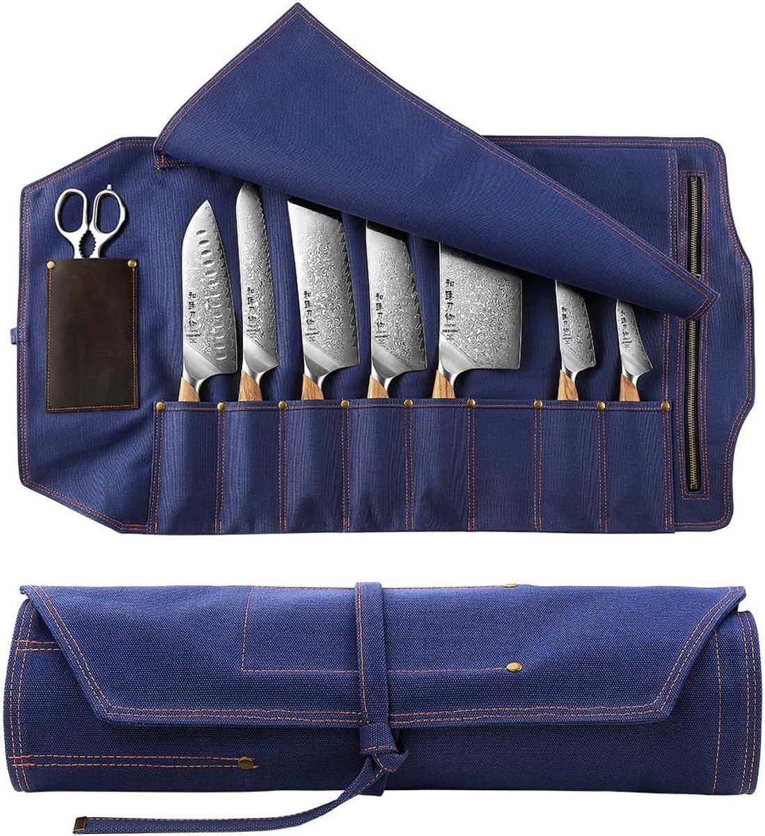 SnelShoppen - HEZHEN Kleine Messentas Koksmes Tas (Zonder Mes) - Donkerblauw | 16oz Waxed Canvas Messentas Voor 8 Messen, 1 Compartment Met Rits, 1 Va