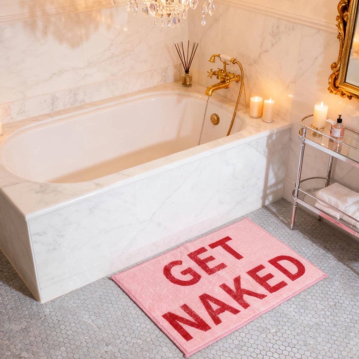 Badkamertapijt - 40 x 60 cm - zachte badmat in roze met GET Naked-design - absorberende douchemat - roze antislip badmat voor badkamer - douche - toilet - wasbaar - tapijt badkamer