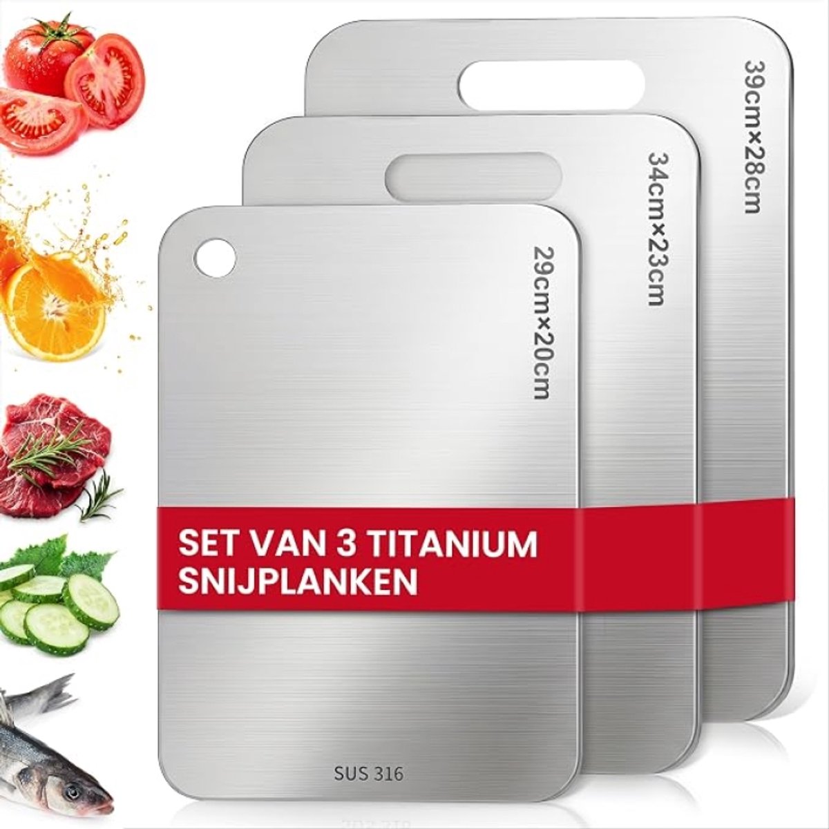 Titanium Snijplankenset 3 Stuks - RVS S316 - Dubbelzijdig - Vaatwasserbestendig - 29x20 cm, 34x23 cm, 39x28 cm