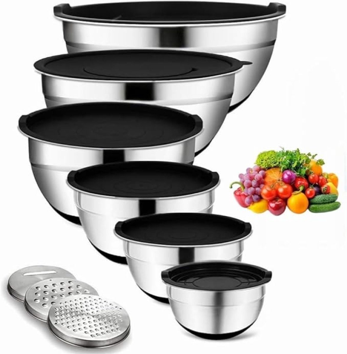 Roestvrijstalen Mengkomset 6-delig met Deksels en Raspopzetstukken, Slakomset voor de Keuken, Siliconen Bodem, Inhoud 4,7L / 3,8L / 2,8L / 1,9L / 1,4L / 0,6L