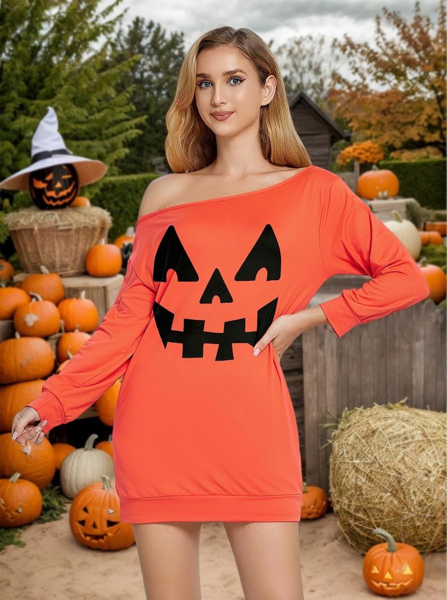 Halloween Jurk - Oranje - M - Shirt met Spinnen en Pompoen Print - Voor Dames