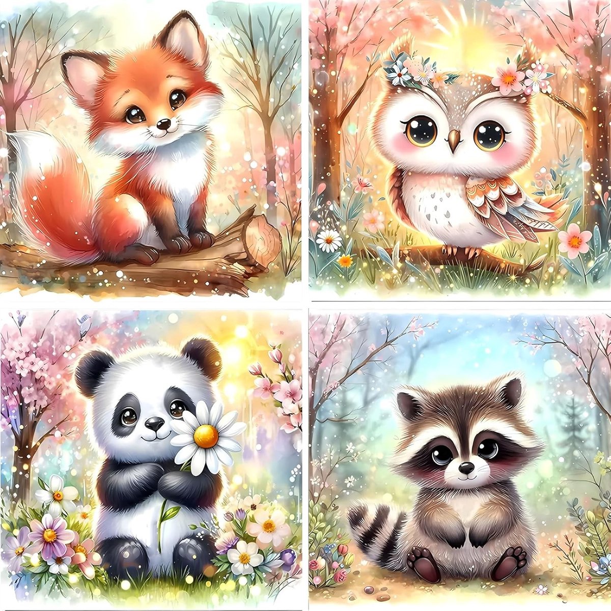 Set van 4 Diamant Schilderijen voor Kinderen, Dieren Thema, 15 x 15 cm, 5D DIY Volledige Drill Schilderijset voor Creatieve Activiteiten en Cadeaus voor Jongens en Meisjes