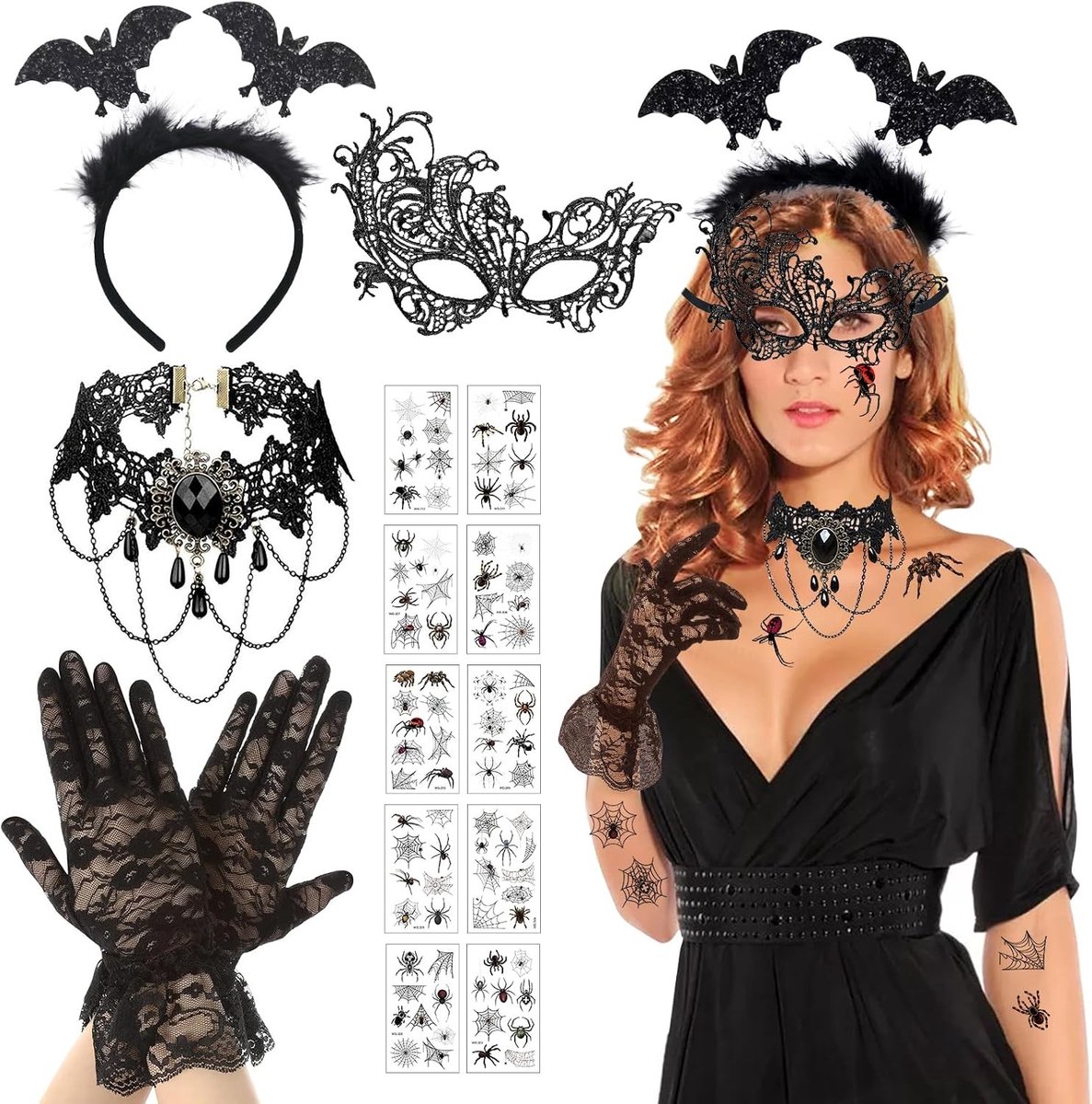 Gothic choker en halsketting set met vintage kant en Venetiaans masker voor Halloween en carnaval, perfect voor masquerade bal en kostuumfeest