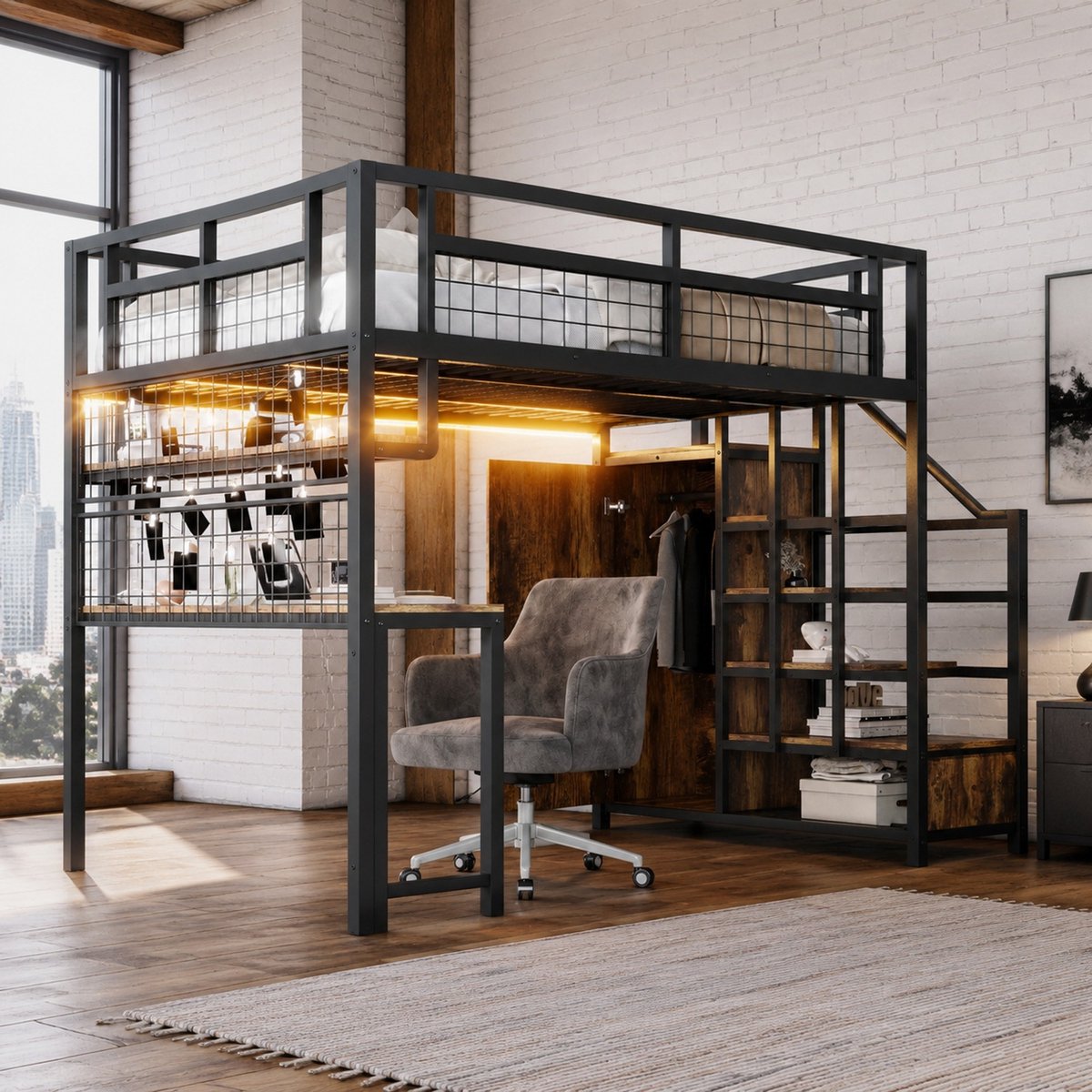 Wishdor Hoogslaper 140 x 200 cm - Met bureau en legplanken - Met kledingkast en trap - Met lichtstrip en stopcontact - Metaal en MDF - Zwart