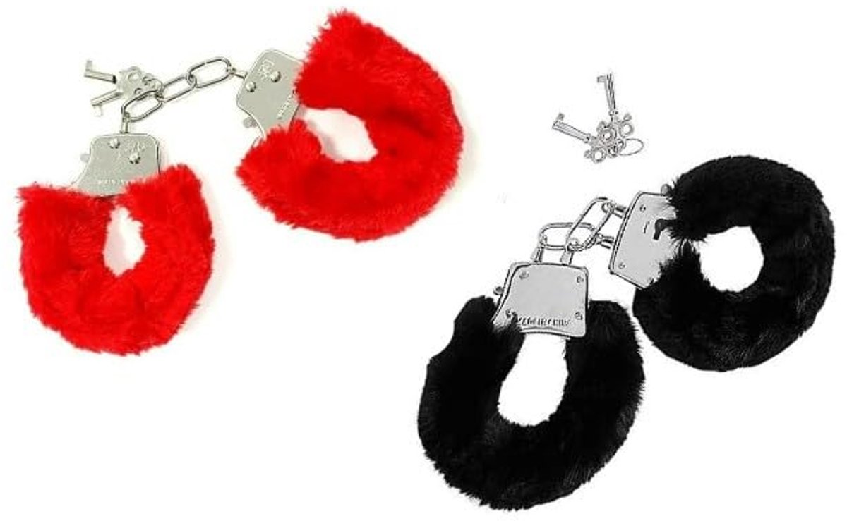 SnelShoppen - 2 Paar Handboeien Rood en Zwart - Politie, Verpleegster, Arts, Veiligheidsagent Kostuumaccessoires - Metaal met Pluche - Feest, Verkleed