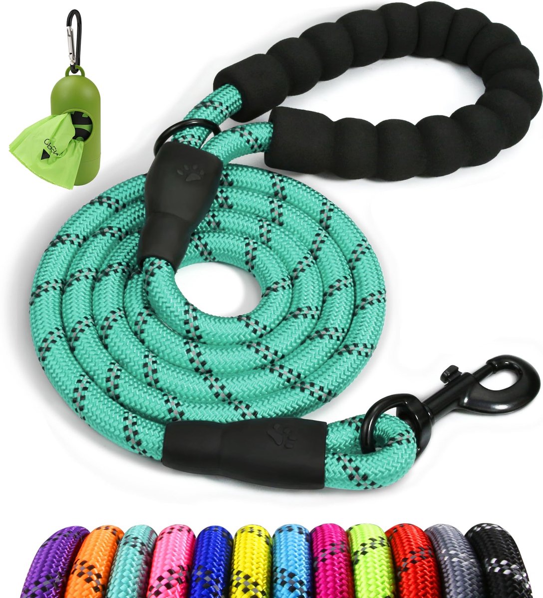 Hondenriem 1,8 m - turquoise - sterke nylon - zachte handgreep met reflecterende draden - ShopVlot