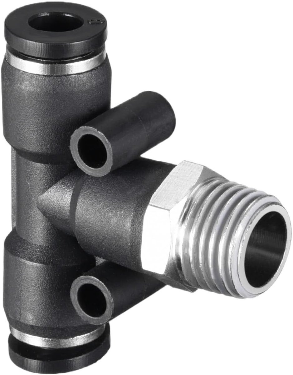 1 stuk 1/4 inch PT buitendraad drukvergrendelingsaansluiting T Type Tee Union voor pneumatische systemen, drukmontage en verbinding (6 mm zwart)