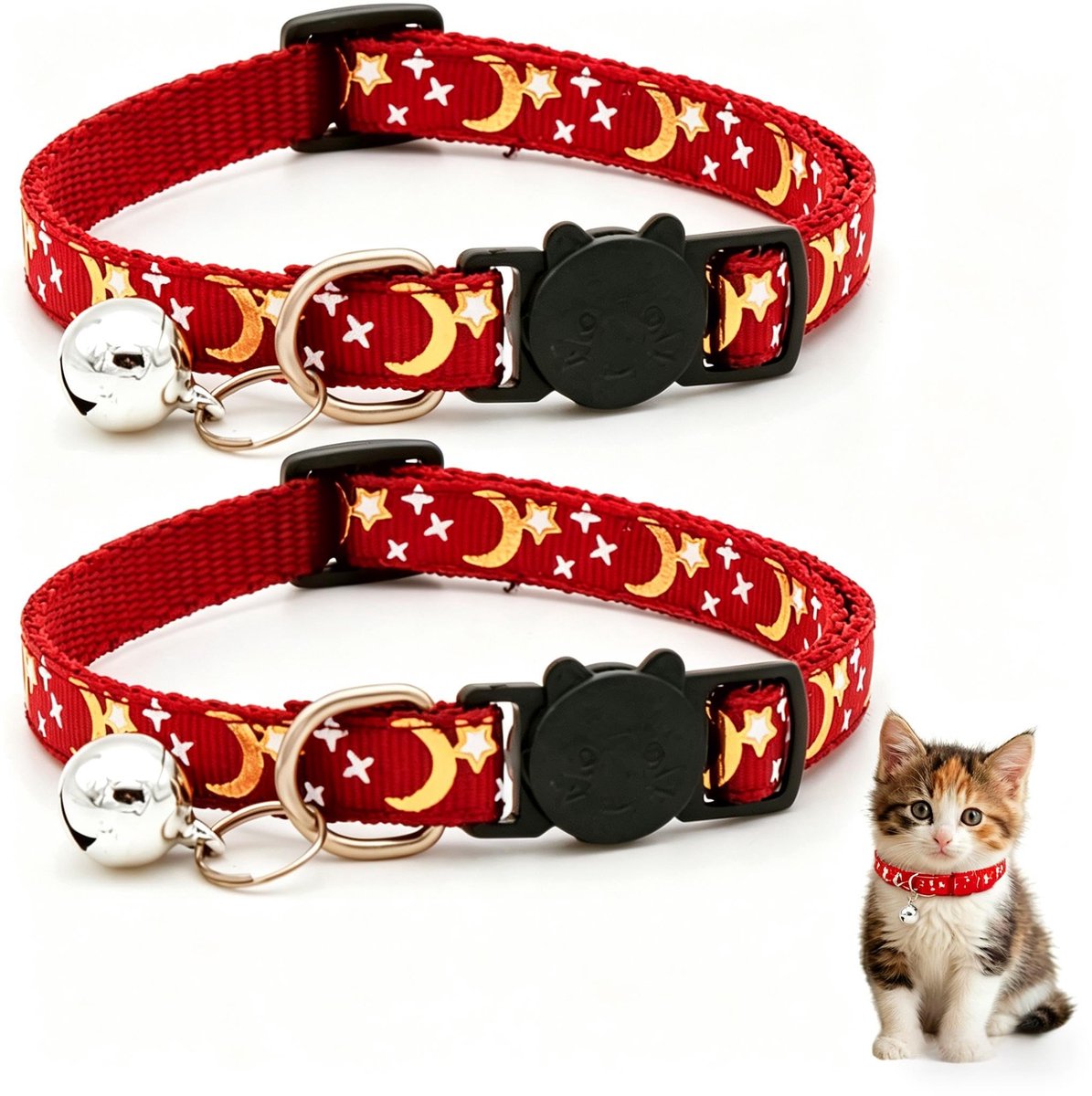 Kattenhalsband reflecterend verstelbaar - maansterrenprint - met bel en veiligheidsgesp - veilig voor jouw kat - ShopVlot