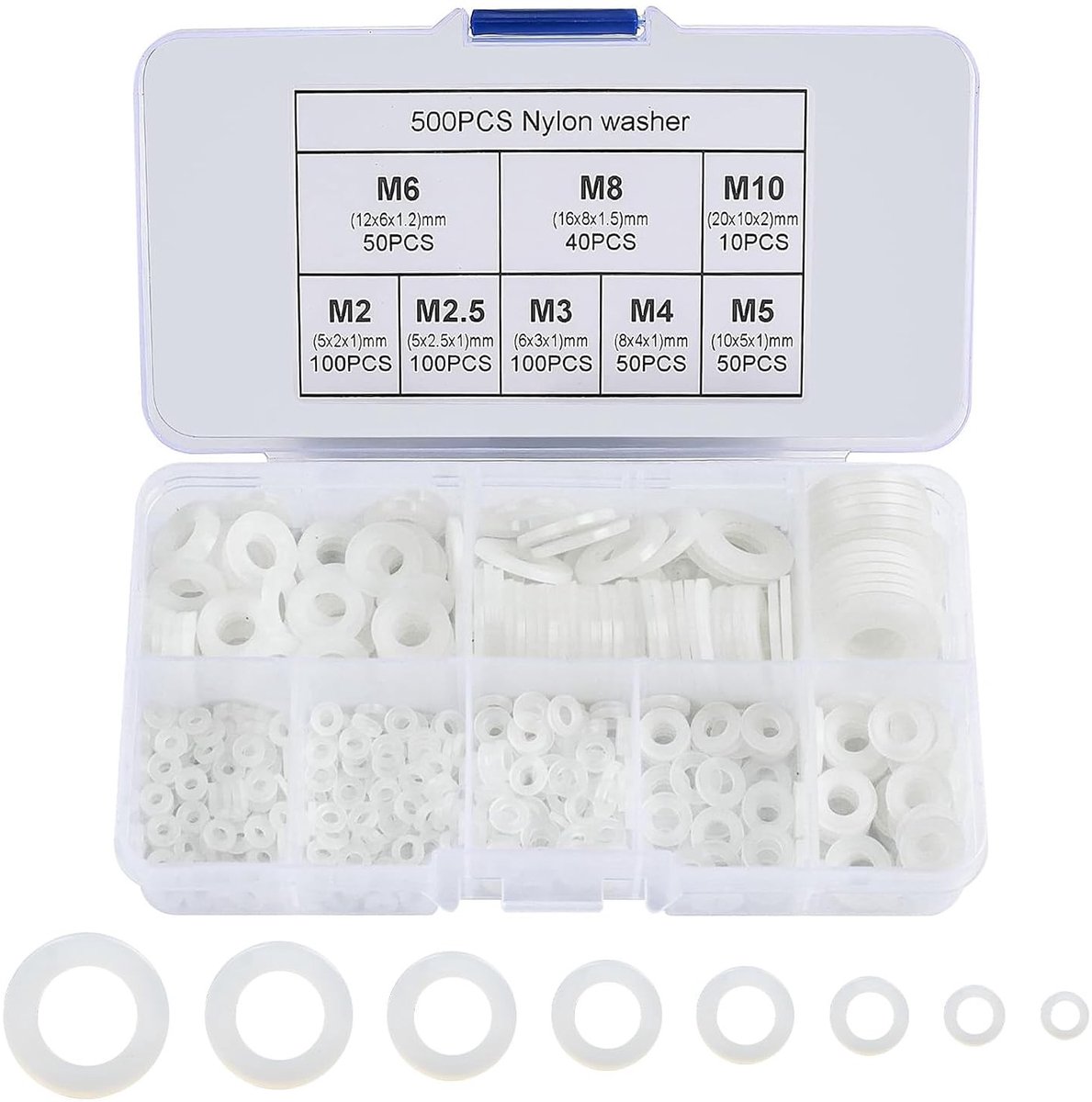 500 Stuks Nylon Washers in 8 Maten voor Mechanische en Elektronische Assemblage, DIY en Professioneel Gebruik, Duurzaam en Betrouwbaar