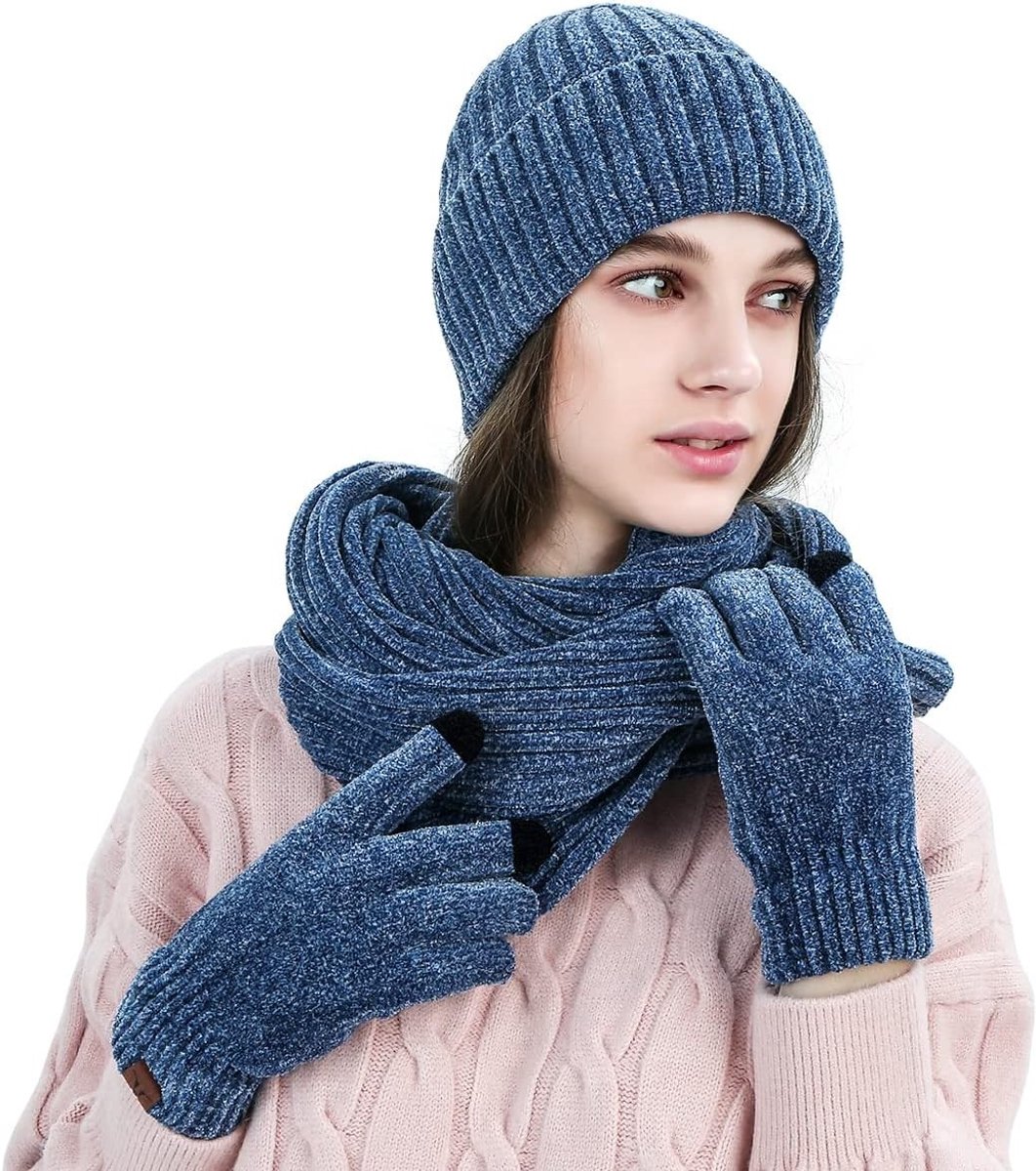 Winter 3 in 1 Sjaal, Muts en Handschoenen Set voor Mannen en Vrouwen, Gebreide Beanie, Jacquard Design, Zachte Chenille, Touchscreen Handschoenen, Blauw