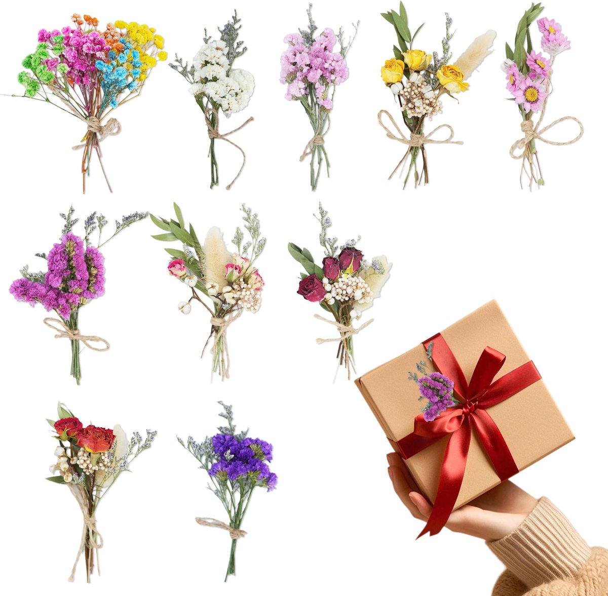 JNYUTEEN 10 Stuks Boeketten met Gedroogde Bloemen, Meerkleurige Kleine Gedroogde Bloemen, Handgemaakte Kleine - ShopVlot