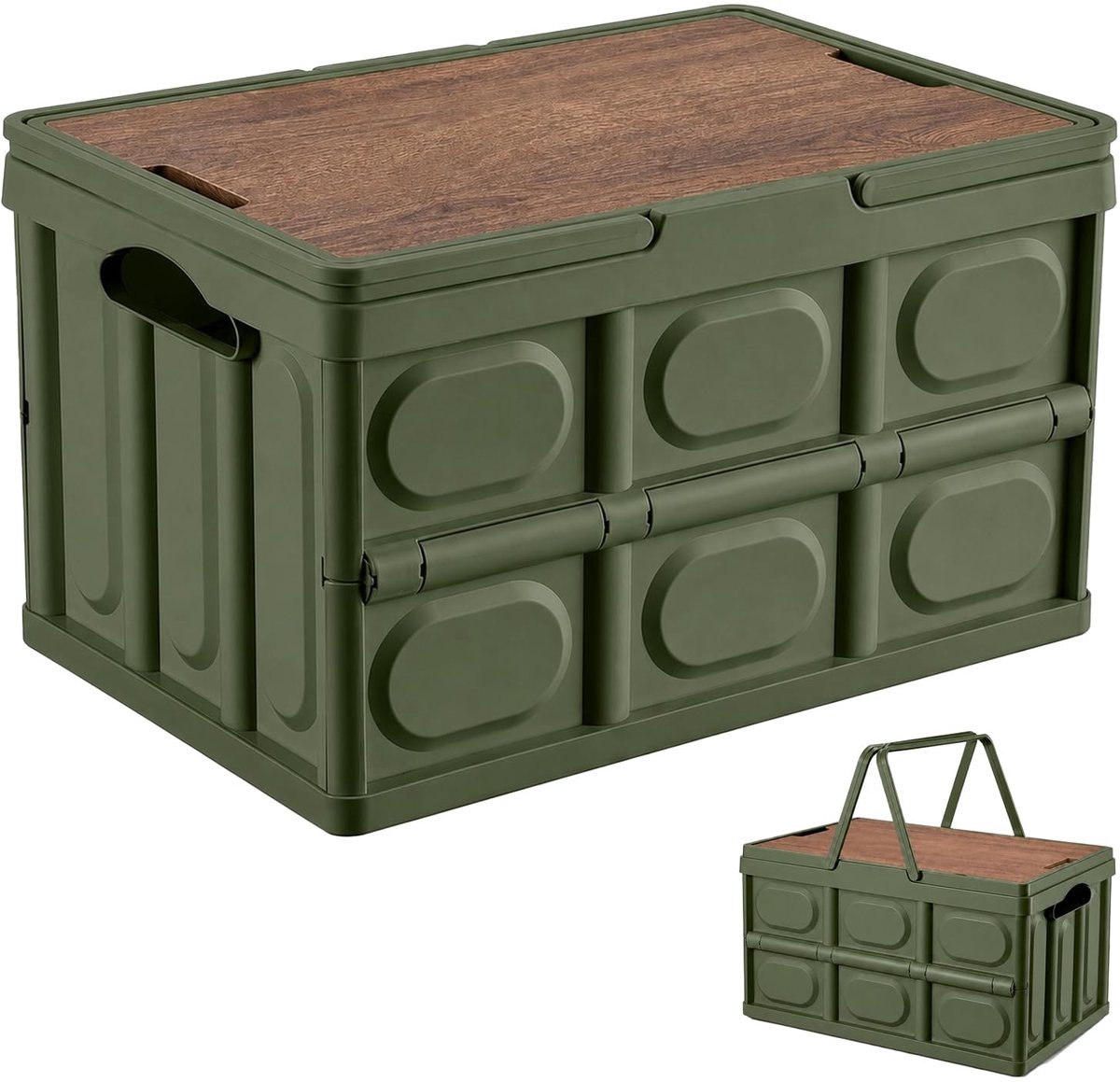 Campingbox opvouwbaar 30 liter - olijfgroen - met houten deksel - ideaal voor auto en kofferbak - ShopVlot