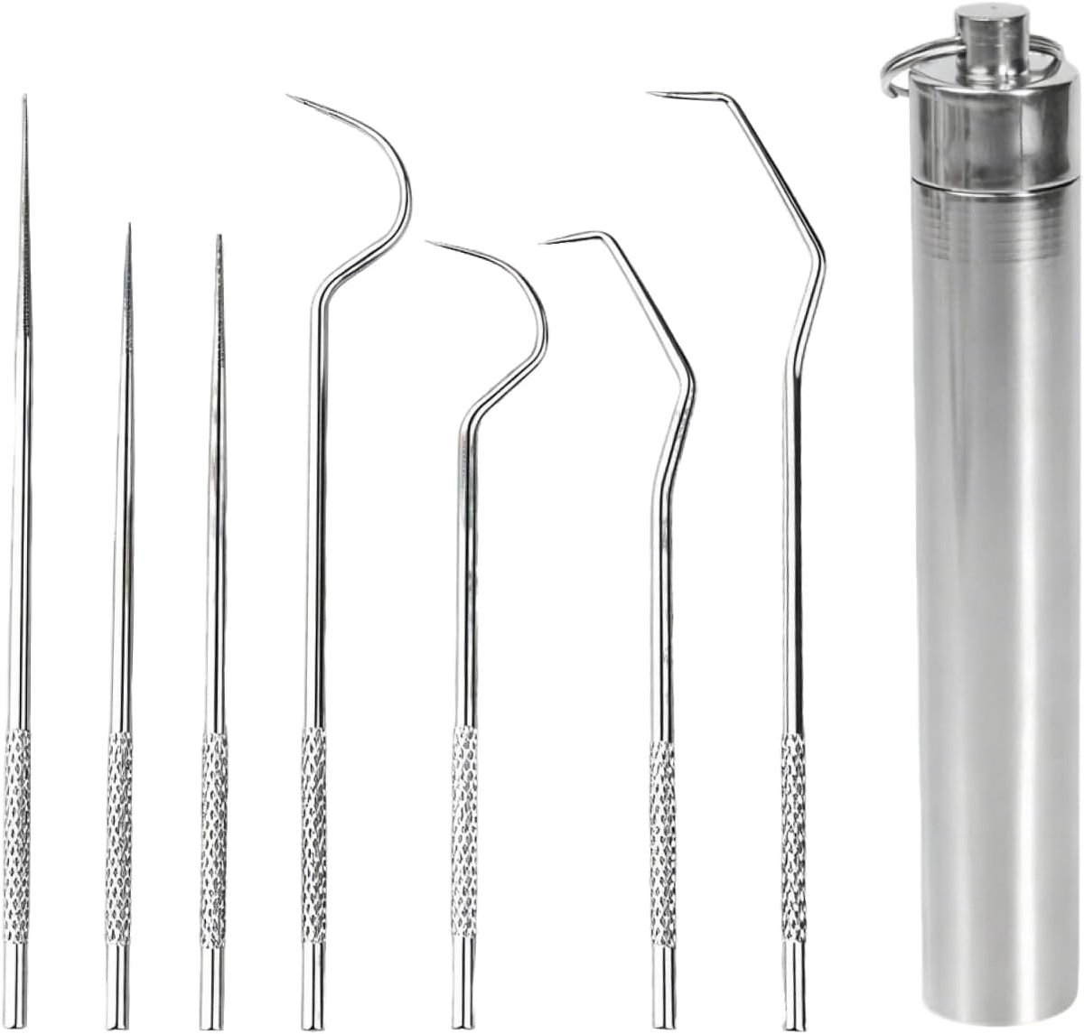 Set van 8 Roestvrijstalen Tandenstokers met Sleutelhanger - Herbruikbare, Duurzame en Roestvrije Tandenstokers voor Kamperen, Picknicken en Reizen, Handig en Compact