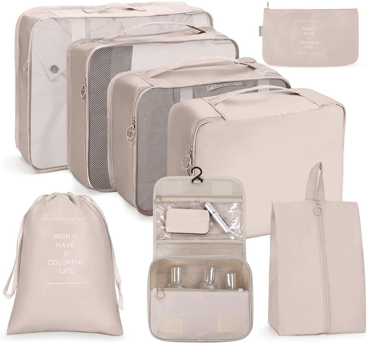 Set van 8 Waterdichte Koffers Organizers voor Reisbenodigdheden - Opbergzakken voor Kleding, Schoenen en Toiletartikelen in Beige