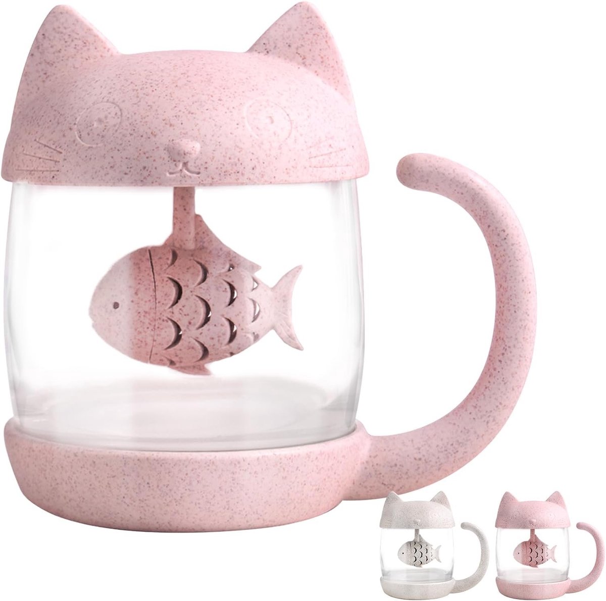 Stijlvolle glazen theemok met vis thee-infuser en filter - 250ML, perfect voor thee- en kattenliefhebbers