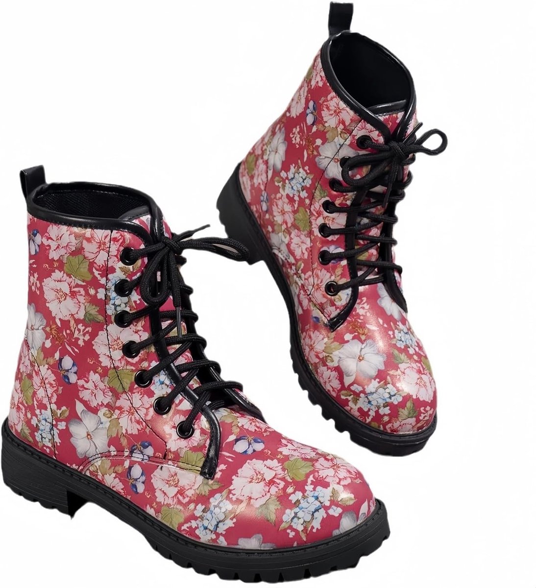 Gedessineerde Korte Laarsjes voor Dames met Vetersluiting - Combat Boots voor Herfst en Winter met Roze Skull Cartoon Patroon, Perfecte Cadeaus voor Vrouwen en Meisjes