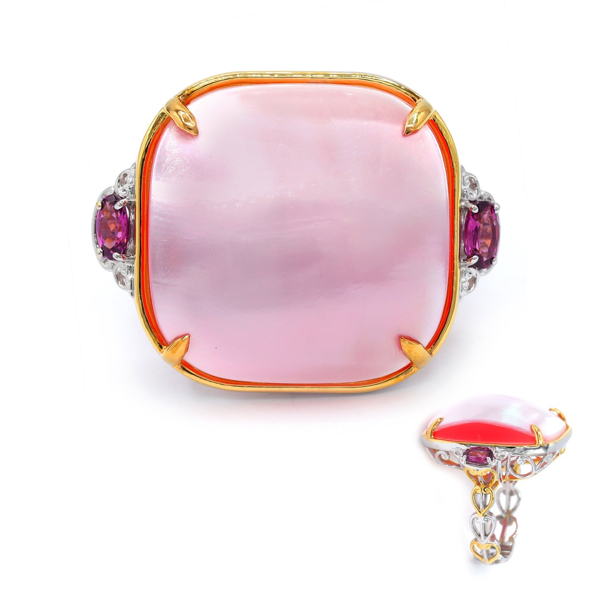 Cavill - Damesring 925 Sterling Zilver met Palladium - 21mm Roze Mabé Parel - 0,54 ct Kleurveranderende Granaat Tanzania - Elegant Sieraad