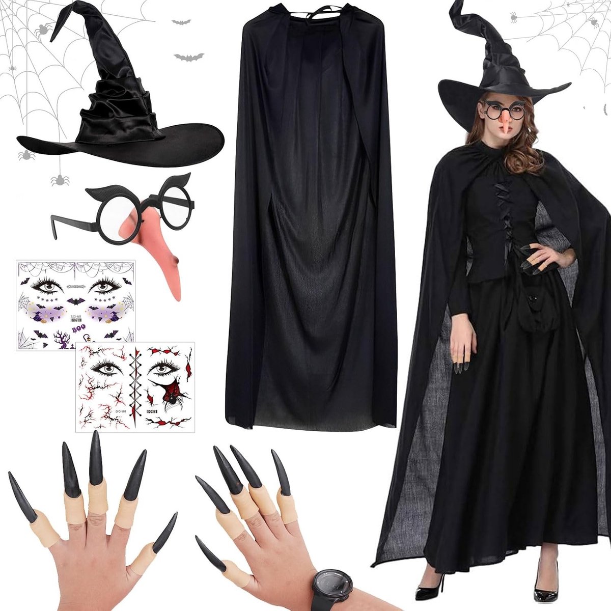 Halloween Kostuum voor Vrouwen - Lange Heksenrobe met Cape, Vampier Cape, Carnavalskostuum en Heksaccessoires voor Feestjes en Verkleedpartijen