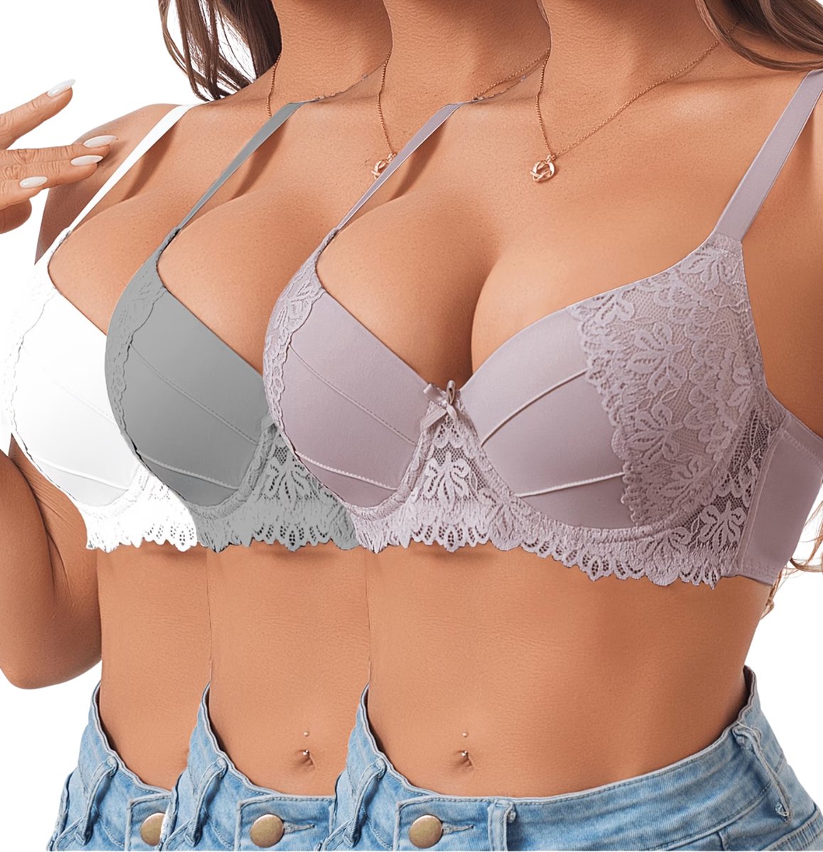 Currero BH Zonder Beugel - Strapless - Zonder Bandjes - Met Voorsluiting - Push-up Bh's - Comfort Beha - Comfortabel - Grote Sluiting - Wit, Roze & Zilvergrijs - Cupmaat