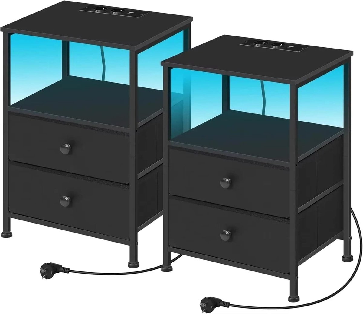 Nachtkastje Zwart - Met LED-verlichting en USB-laadpoorten - B 40 x D 30 x H 60 cm - Zwart 2 stuks set